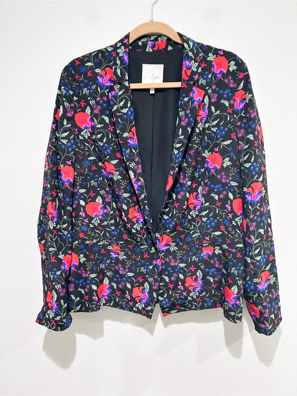 Joie Black Floral Single-Button Blazer with Pink & Blue Blooms 100% Silk